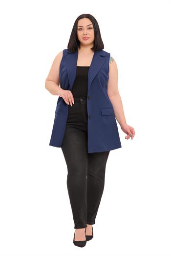 Büyük Beden Düğmeli Kapaklı Cepli Astarlı Uzun Lacivert Yelek