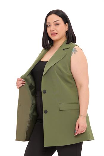 Büyük Beden Düğmeli Kapaklı Cepli Astarlı Uzun Haki Yelek
