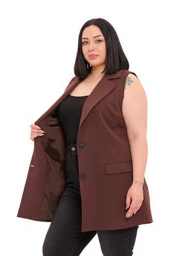 Büyük Beden Düğmeli Kapaklı Cepli Astarlı Uzun Kahverengi Yelek