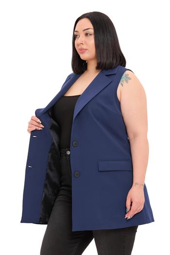 Büyük Beden Düğmeli Kapaklı Cepli Astarlı Uzun Lacivert Yelek