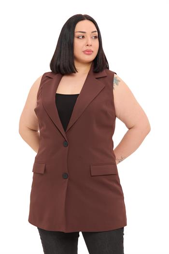 Büyük Beden Düğmeli Kapaklı Cepli Astarlı Uzun Kahverengi Yelek