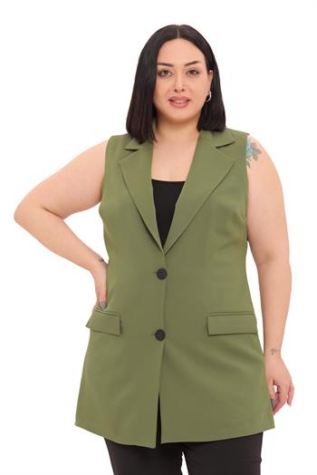 Büyük Beden Düğmeli Kapaklı Cepli Astarlı Uzun Haki Yelek