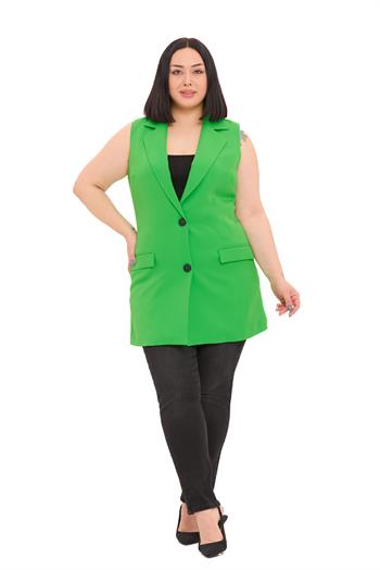 Büyük Beden Düğmeli Kapaklı Cepli Astarlı Uzun Yeşil Yelek