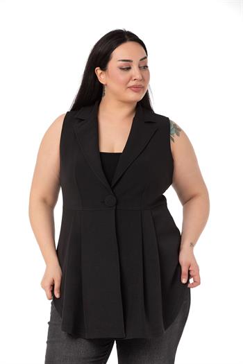 Plus Size Coated Buttoned Skirt Pleated Short Back Black Vest