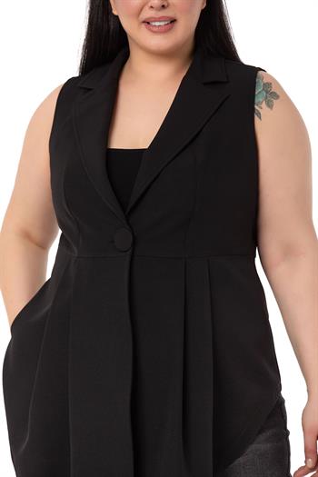 Plus Size Coated Buttoned Skirt Pleated Short Back Black Vest