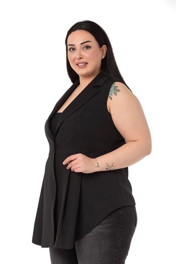 Plus Size Coated Buttoned Skirt Pleated Short Back Black Vest