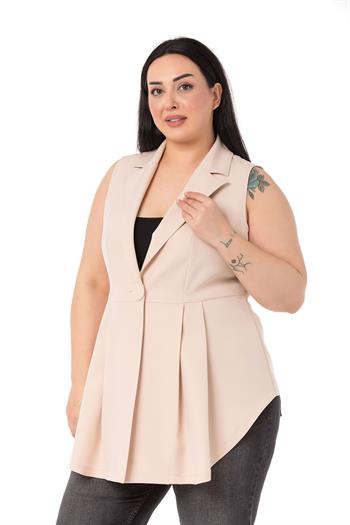 Plus Size Coated Buttoned Skirt Pleated Short Back Beige Vest