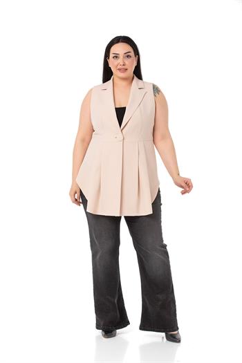 Plus Size Coated Buttoned Skirt Pleated Short Back Beige Vest