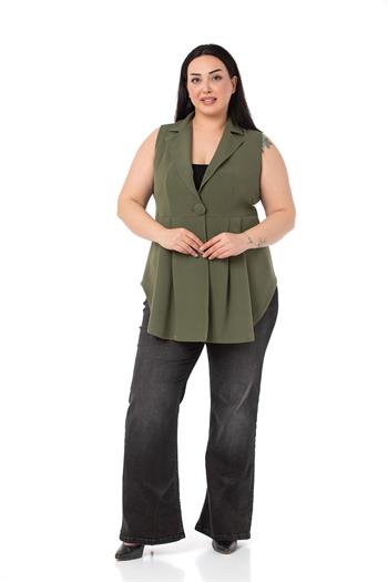 Plus Size Coated Buttoned Skirt Pleated Short Back Khaki Vest