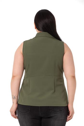 Plus Size Coated Buttoned Skirt Pleated Short Back Khaki Vest