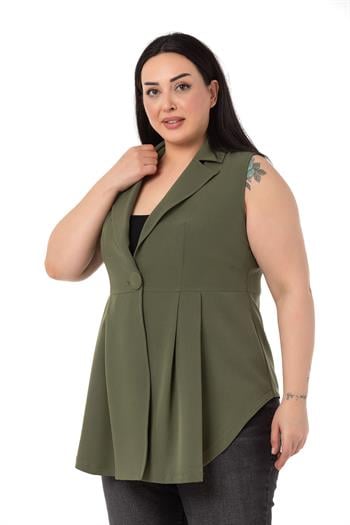 Plus Size Coated Buttoned Skirt Pleated Short Back Khaki Vest