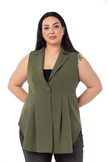 Plus Size Coated Buttoned Skirt Pleated Short Back Khaki Vest