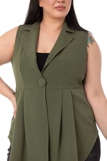 Plus Size Coated Buttoned Skirt Pleated Short Back Khaki Vest