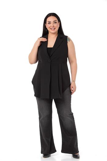 Plus Size Coated Buttoned Skirt Pleated Short Back Black Vest