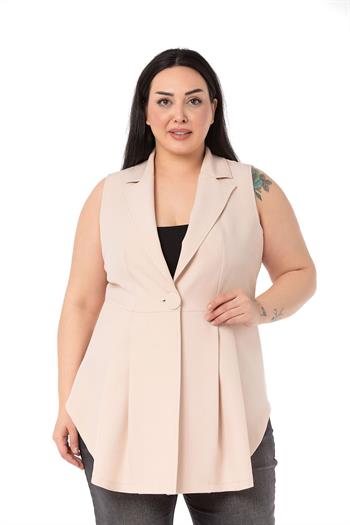 Plus Size Coated Buttoned Skirt Pleated Short Back Beige Vest