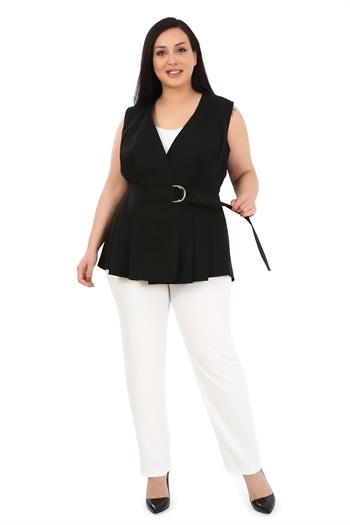Büyük Beden Kemeri Metal Tokalı Siyah Yelek