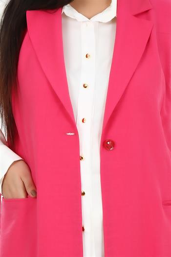 Büyük Beden Kuşak Detaylı Tek Düğmeli Cepli Fuşya Yelek 