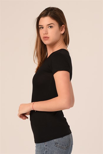 Yuvarlak Yaka Kısa Kollu Viskon Siyah Body