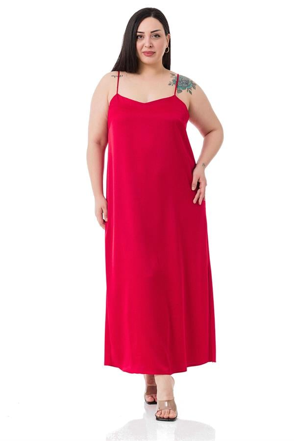 Büyük Beden Ayarlanabilir İnce Askılı Yanı Yırtmaçlı Saten Kırmızı Elbise