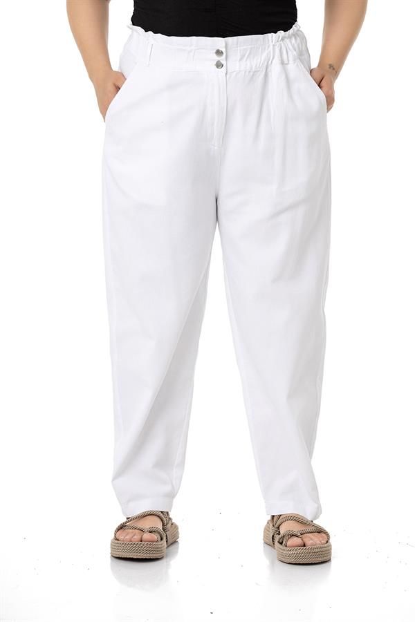 Büyük Beden Beli Fırfır Detaylı Yüksek Belli Gabardin Beyaz Pantolon