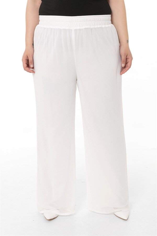Büyük Beden Beli Lastikli Astarlı Bol Paça Şifon Beyaz Pantolon