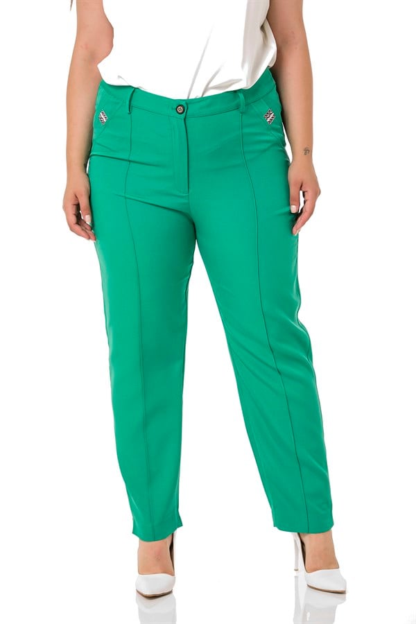 Büyük Beden Dar Paça Nervür Dikişli Paçası Yırtmaçlı Fermuarlı Yeşil Kadın Pantolon