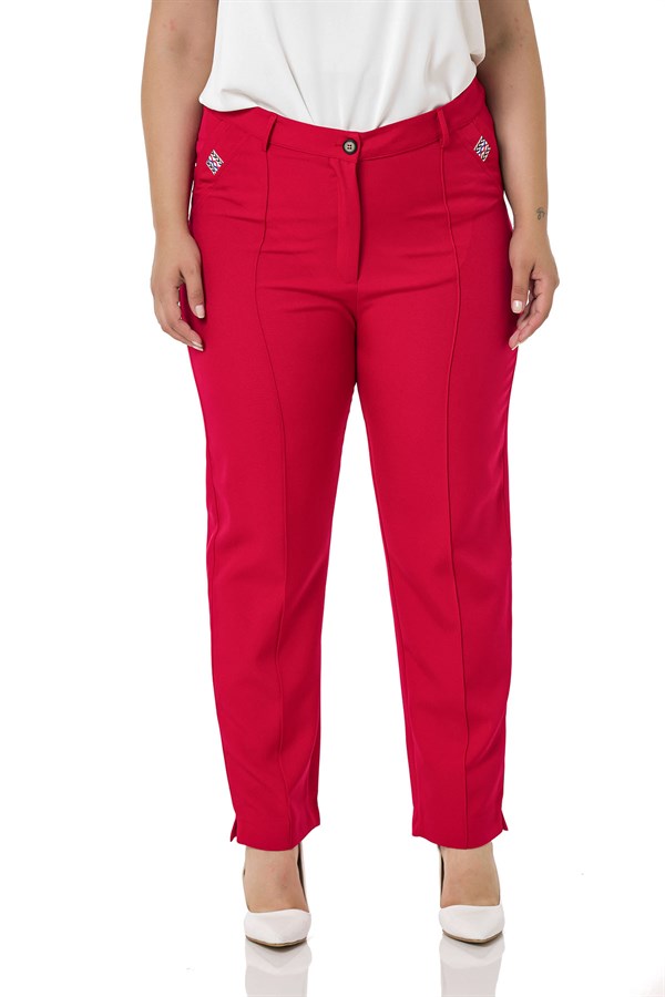 Büyük Beden Dar Paça Nervür Dikişli Paçası Yırtmaçlı Fermuarlı Kırmızı Kadın Pantolon