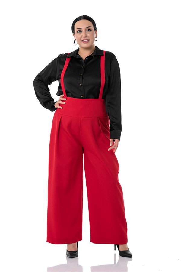 Büyük Beden Önü Pileli Beli Arkadan Gipe Lastikli Askılı Bol Paça Double Kırmızı Pantolon