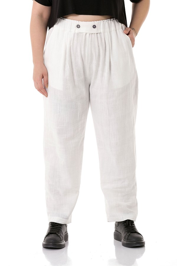 Büyük Beden Önü Pileli Cepli Süs Patlı Keten Beyaz Pantolon