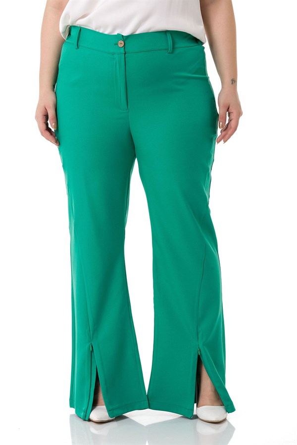 Büyük Beden Paçası Fermuarlı Beli Arkadan Lastikli Yeşil Pantolon