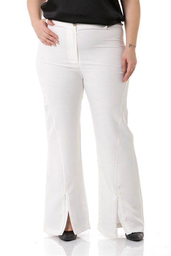 Büyük Beden Paçası Fermuarlı Beli Arkadan Lastikli Beyaz Pantolon