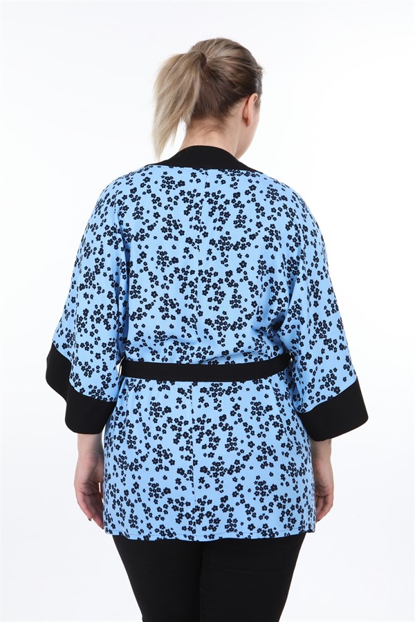 Önden Bağlamalı ve Düğmeli Kolları Geniş Küçük Çiçekli Mavi Kimono