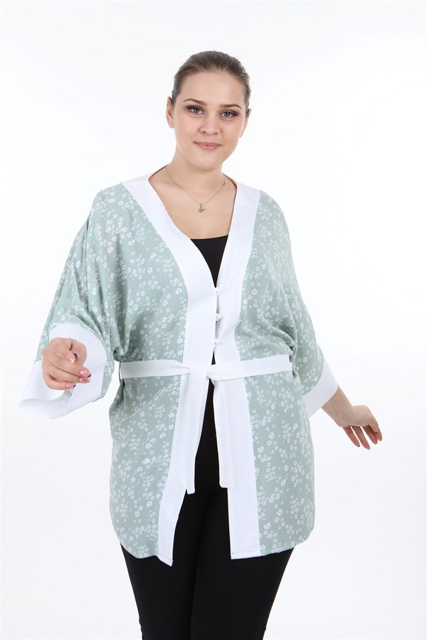 Önden Bağlamalı ve Düğmeli Kolları Geniş Küçük Çiçekli Yeşil Kimono