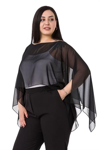 Büyük Beden Asimetrik Kesim Şifon Siyah Pelerin Bolero