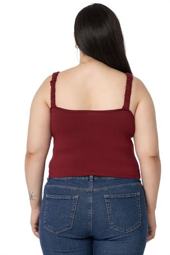 Büyük Beden Askıları Büzgülü Drapeli Crop Bordo Body