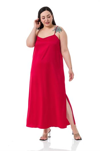 Büyük Beden Ayarlanabilir İnce Askılı Yanı Yırtmaçlı Saten Kırmızı Elbise