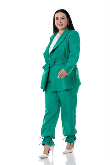 Büyük Beden Bağlama Detaylı Ceket Pantolon Yeşil Takım