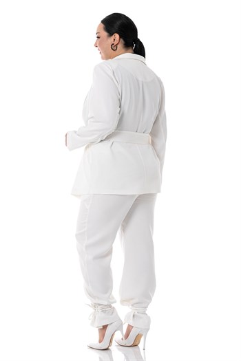 Büyük Beden Bağlama Detaylı Ceket Pantolon Beyaz Takım