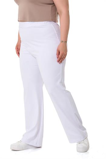 Büyük Beden Beli Lastikli Boru Paça Dalgıç Beyaz Pantolon