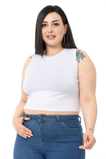 Büyük Beden Bisiklet Yaka Kolsuz Crop Viskon Beyaz Body