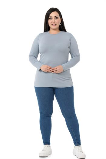 Büyük Beden Bisiklet Yaka Uzun Kollu Viskon Açık Gri Body