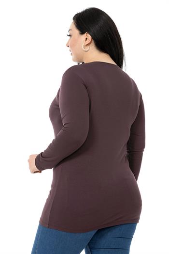 Büyük Beden Bisiklet Yaka Uzun Kollu Viskon Koyu Vizon Body