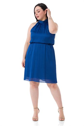 Büyük Beden Boyundan Bağlamalı Beli Lastikli Mini Saten Saks Mavi Elbise