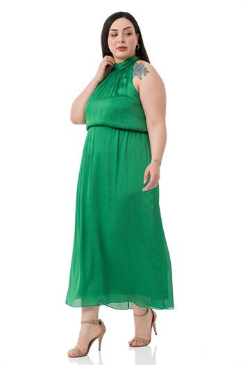 Büyük Beden Boyundan Bağlamalı Beli Lastikli Saten Uzun Yeşil Elbise