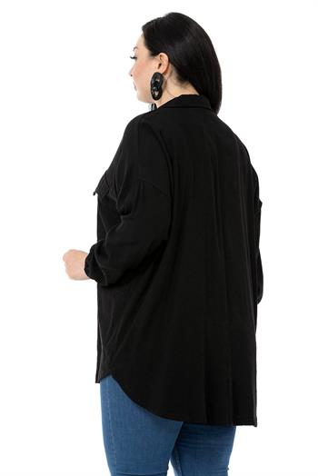 Büyük Beden Cep Kapağı Detaylı Kol Ağzı Lastikli Siyah Gömlek
