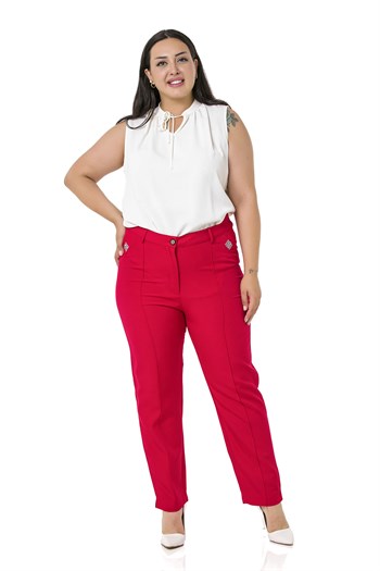 Büyük Beden Dar Paça Nervür Dikişli Paçası Yırtmaçlı Fermuarlı Kırmızı Kadın Pantolon