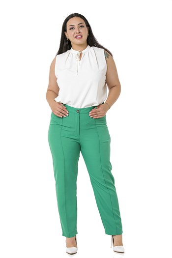 Büyük Beden Dar Paça Nervür Dikişli Paçası Yırtmaçlı Fermuarlı Yeşil Kadın Pantolon