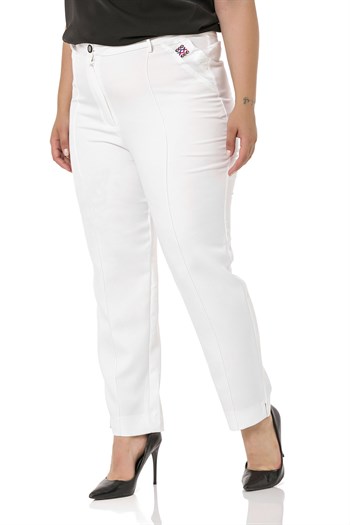 Büyük Beden Dar Paça Nervür Dikişli Paçası Yırtmaçlı Fermuarlı Beyaz Kadın Pantolon