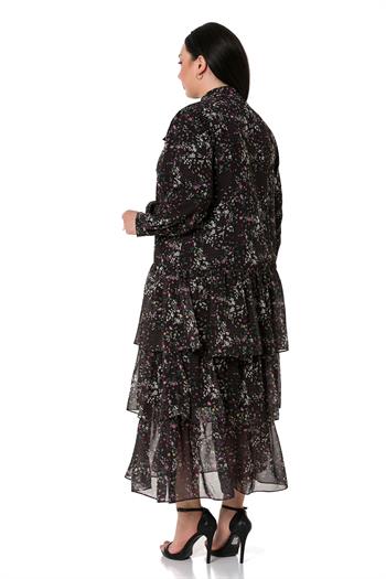 Büyük Beden Eteği Kat Kat Siyah Zemin Üzerine Fuşya Çiçekli Astarlı Şifon Elbise