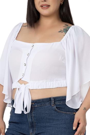 Büyük Beden Geniş Kollu Beli Lastik ve Büzgülü Crop Beyaz Bluz